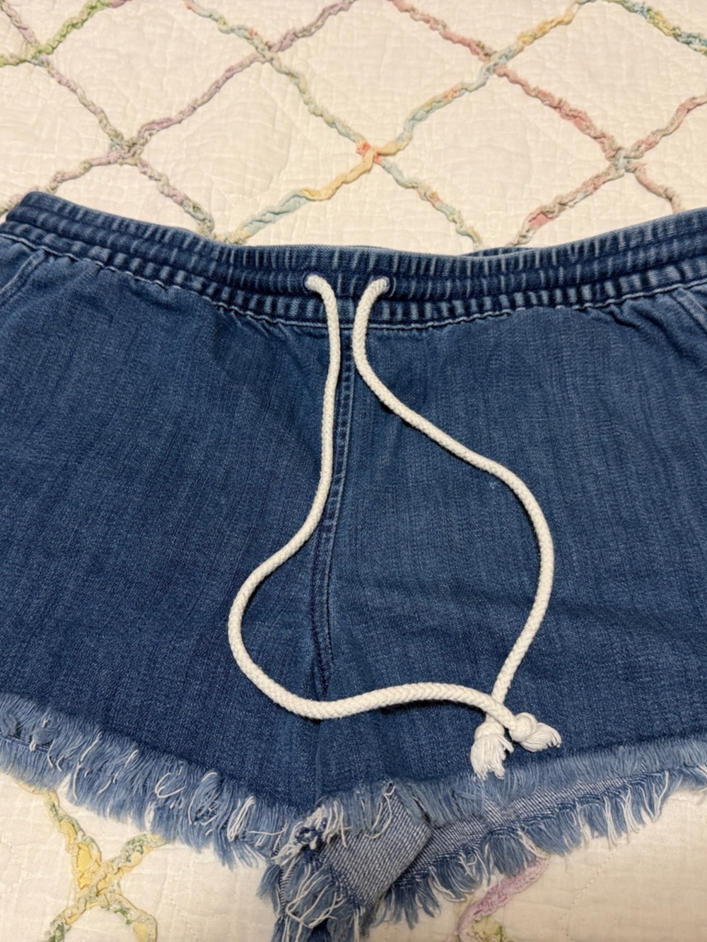 aerie Blue Frayed Hem Denim-Style Drawstring Shorts